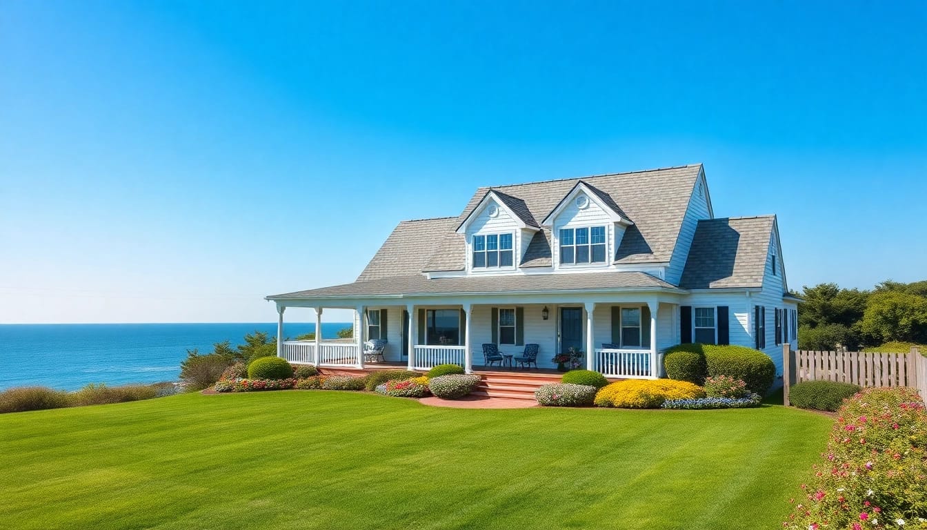 Elegant cape cod home surrounded by vibrant landscaping and coastal views.