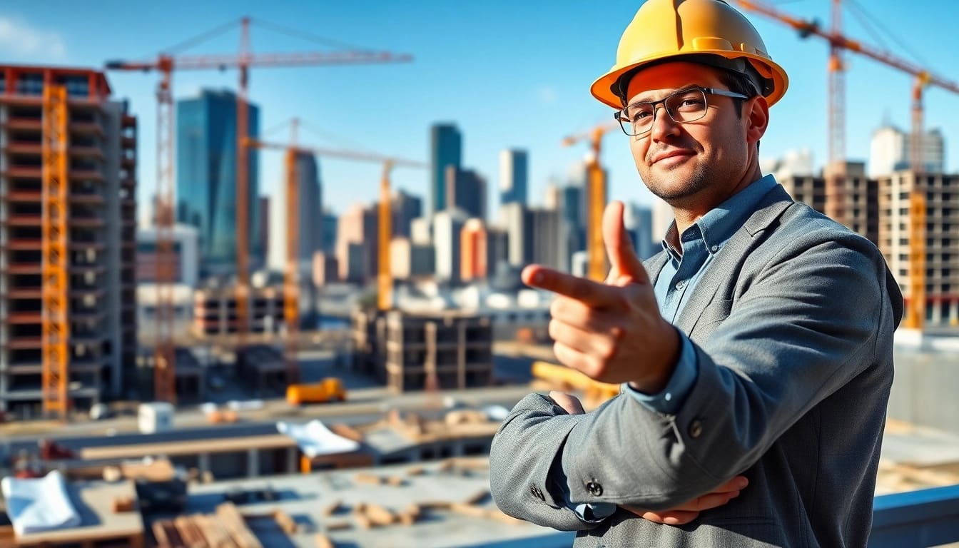 New Jersey Construction Manager directing a busy construction site with blueprints and hard hat.