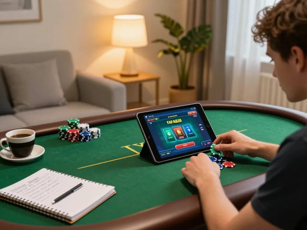 FAFA828 player engaged in strategic online poker at home, with chips and notes visible