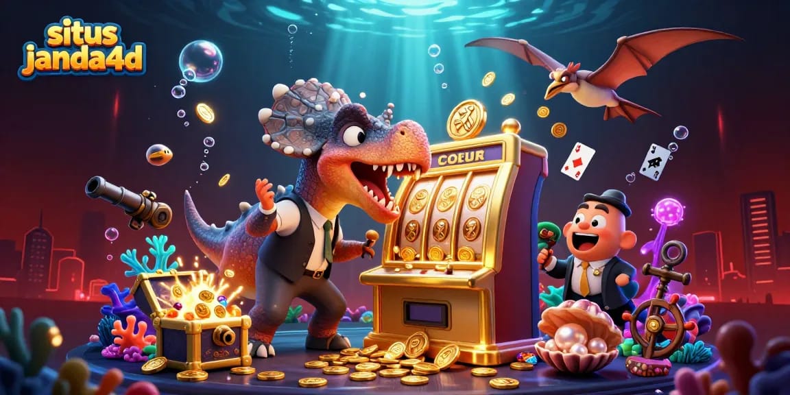 Permainan situs janda4d yang menggiurkan dengan karakter dino menggetok mesin slot emas.