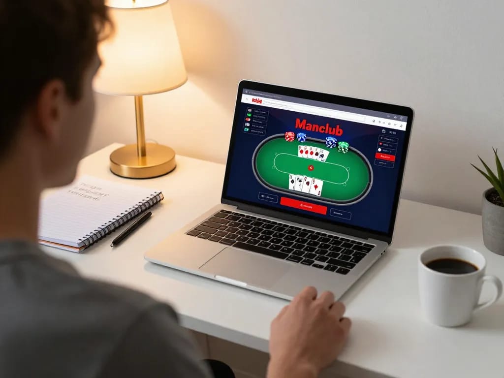 Engaging gaming session at Manclub with poker strategy visible on laptop screen and cozy home setup.