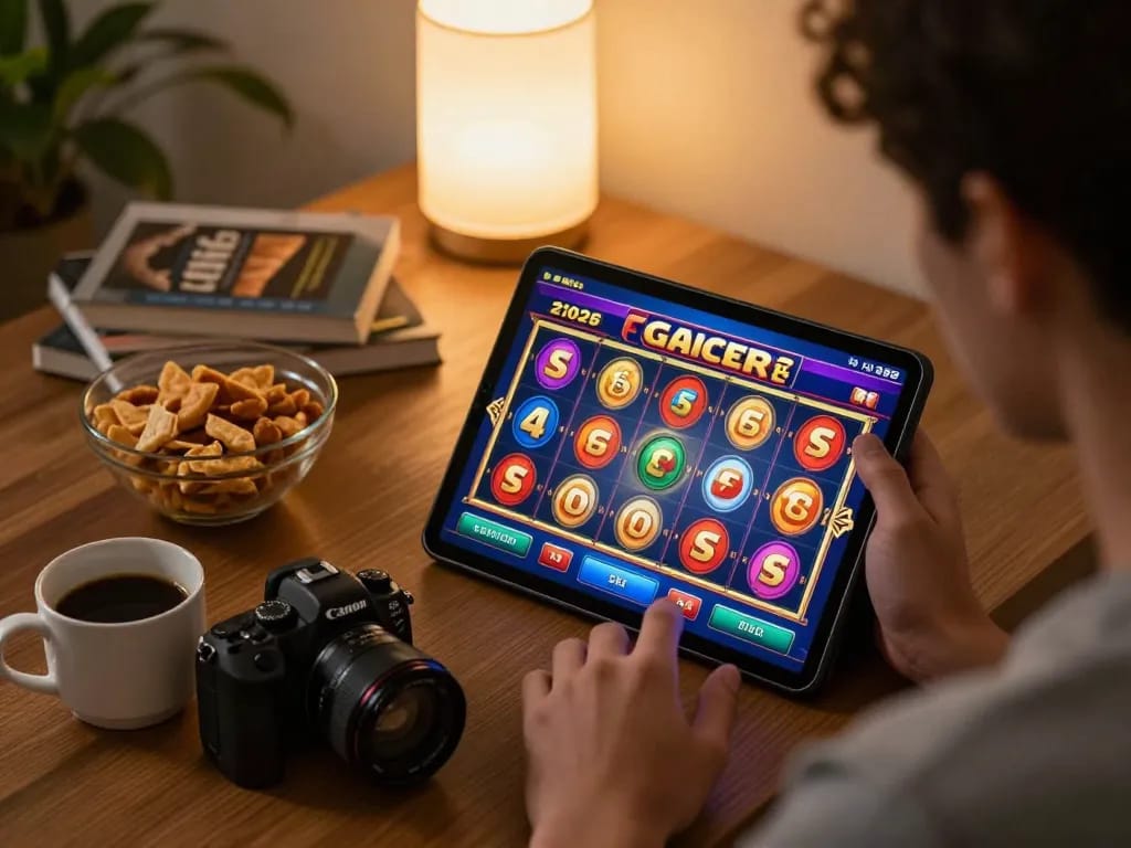 Player enjoying slot gacor 2026 gameplay on tablet, showcasing vibrant online casino experience.