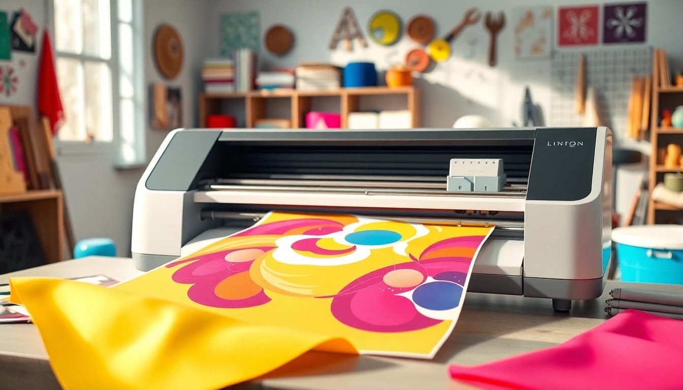 Showcase unique free svg designs while crafting with a cutter in a vibrant designer workspace.