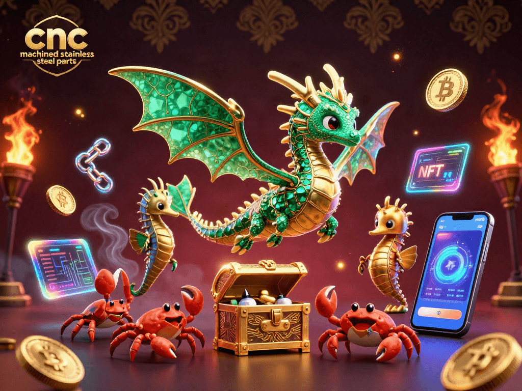 CNC machined stainless steel parts shine among vibrant crypto coins and dynamic casino elements.