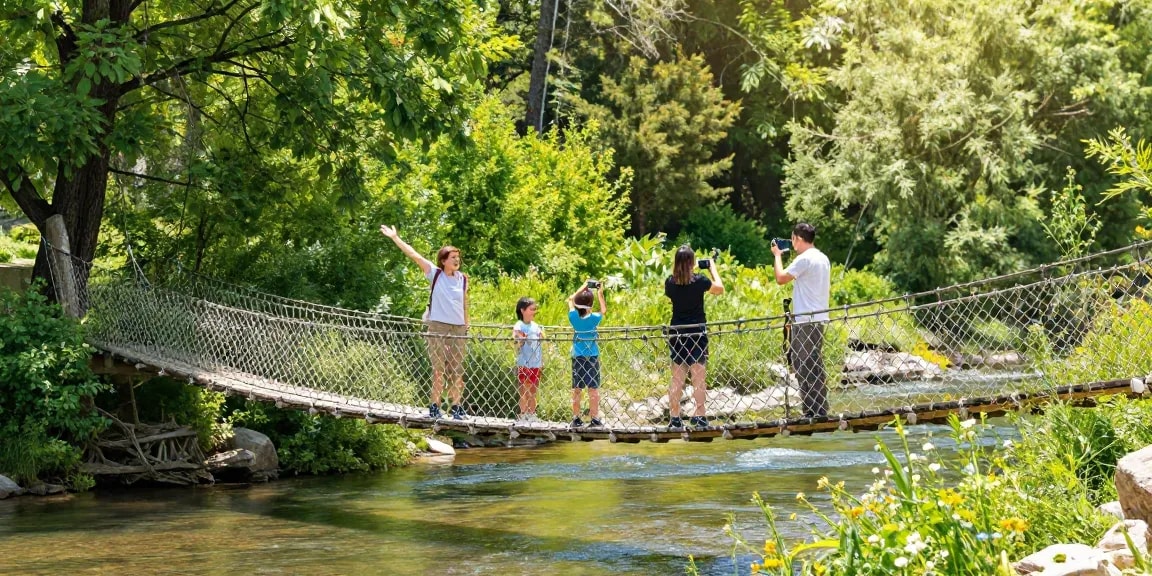 Family crossing a River Rope Bridge surrounded by lush nature.