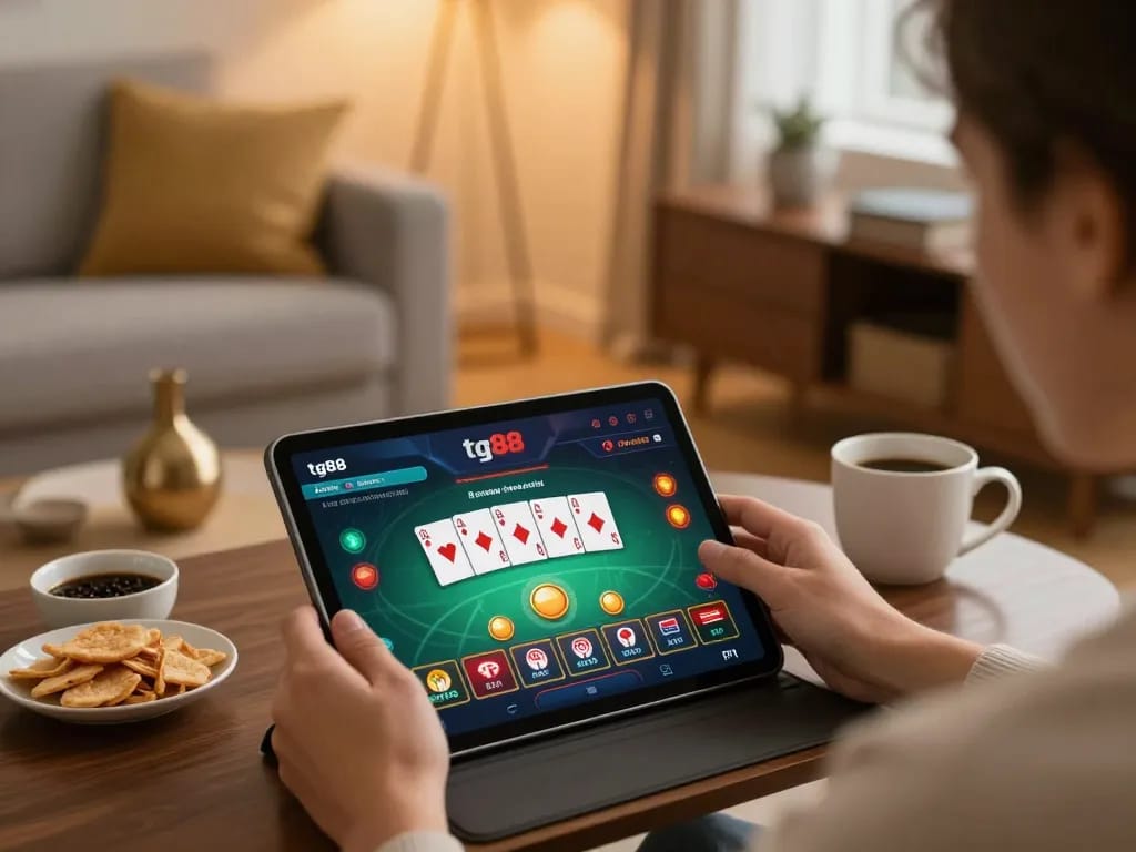 Engaging gameplay on tg88 mobile casino app with a cozy home setup.