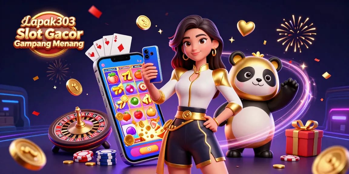 Engage with Lapak303 Slot Gacor Gampang Menang as a stylish Asian woman plays a vibrant slot game