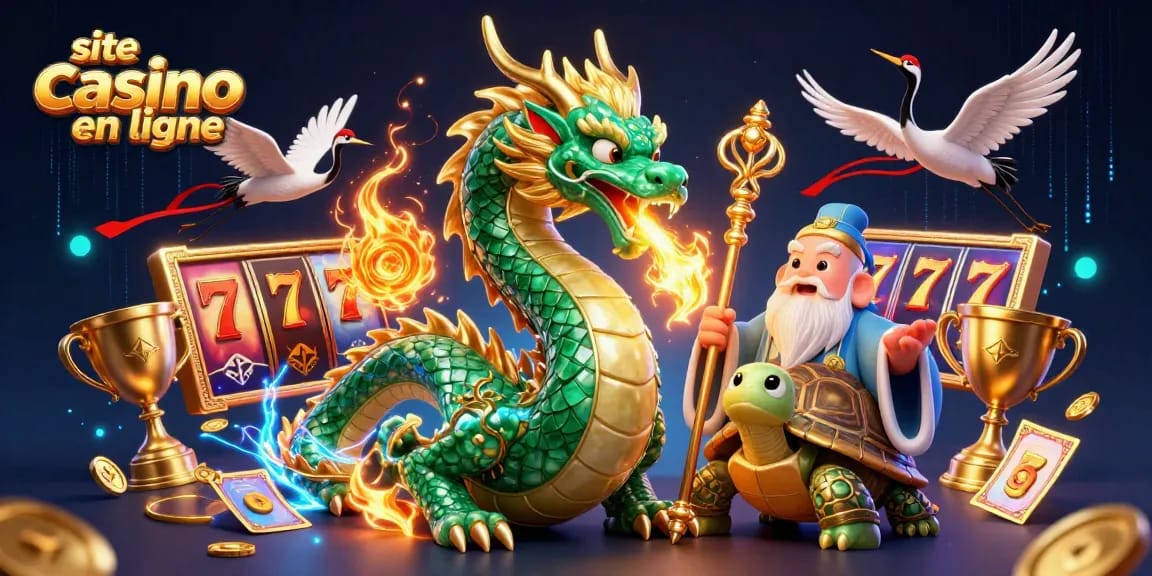 Jouez sur un site casino en ligne captivant avec un dragon et des éléments de jeu.