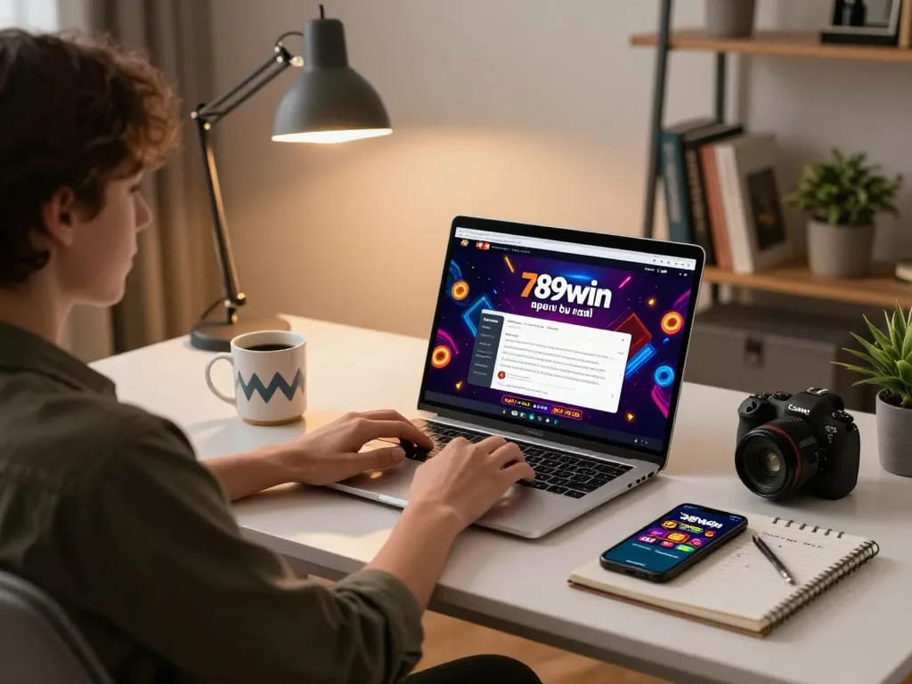 Engaging home office scene with a person playing on the 789win link mới, showing a modern gambling setup and cozy atmosphere.
