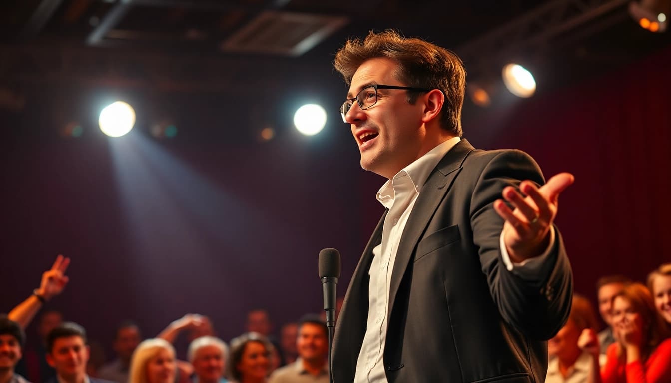 Engaging performance by comedian at https://diknews.co.uk/jonathan-pie/ with enthusiastic audience reaction.