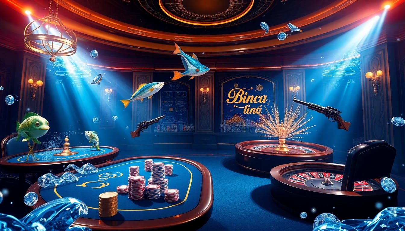 Bắn cá đổi thưởng scene showcasing vibrant underwater themes and a professional casino atmosphere with animated fish.