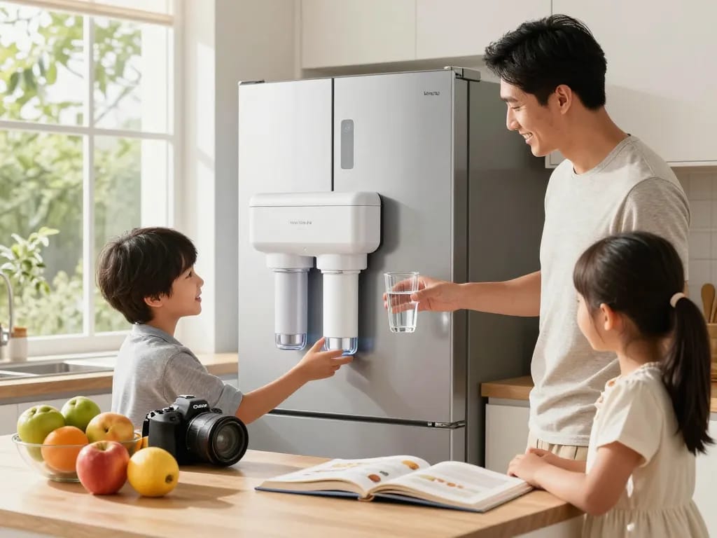 Waterdrop Plus UKF7003 Replacement for Maytag® UKF7003 providing fresh water in a modern kitchen.