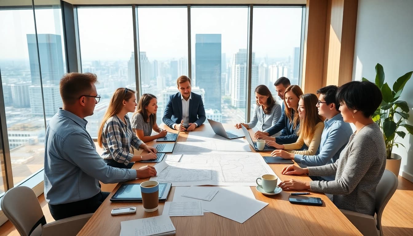 Engaged professionals in a construction network association discussing plans in a collaborative setting.