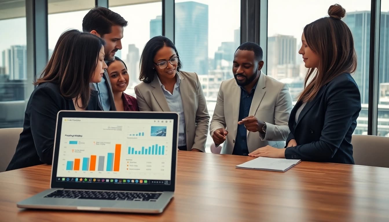 Analyze competitor pricing strategies with a diverse team in a modern office environment.