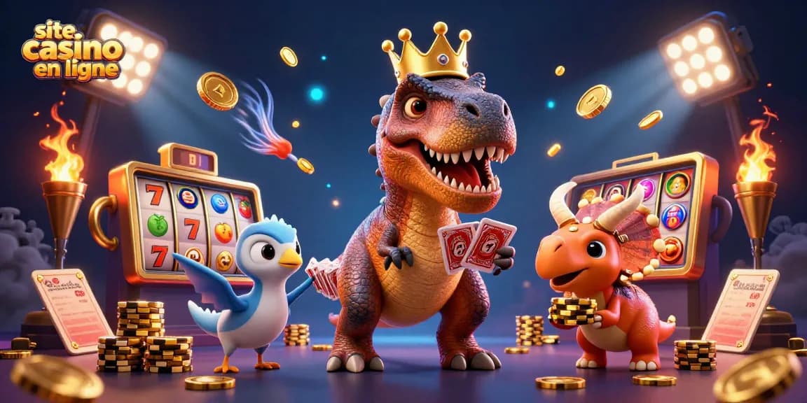 Embarquez sur le site casino en ligne avec une scène ludique remplie de jeux de machines à sous et de personnages animés.