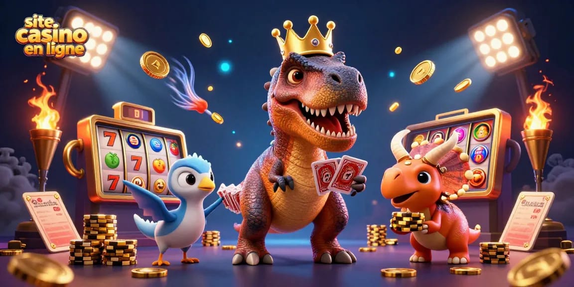 Embarquez sur le site casino en ligne avec une scène ludique remplie de jeux de machines à sous et de personnages animés.