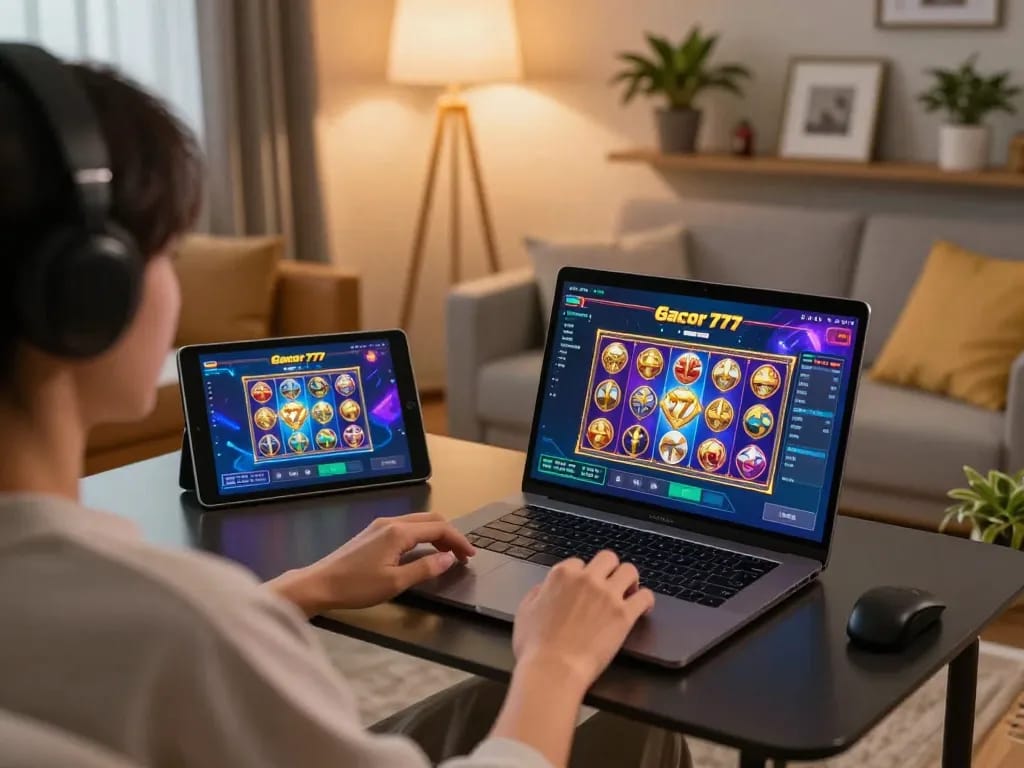 Engaged player enjoying slot gacor 777 games on a laptop in a cozy home setting.