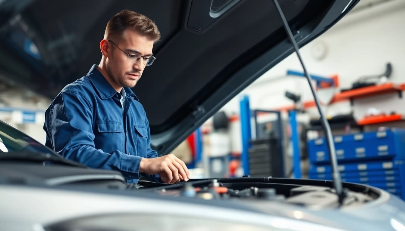 Mechanic reviews engine condition as part of a vehicle service contract process.