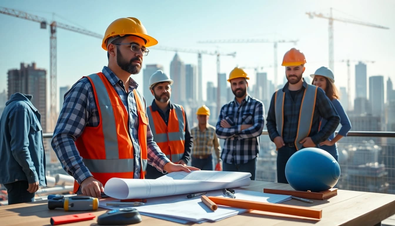 New York General Contractor supervising a construction site with a vibrant city skyline.