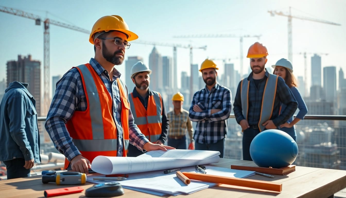 New York General Contractor supervising a construction site with a vibrant city skyline.