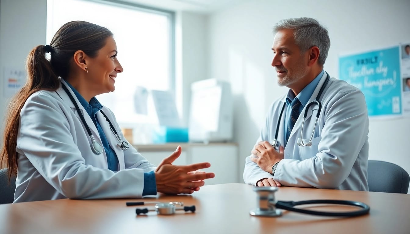 Engaging consultation about YourGP with a healthcare professional in an inviting setting.