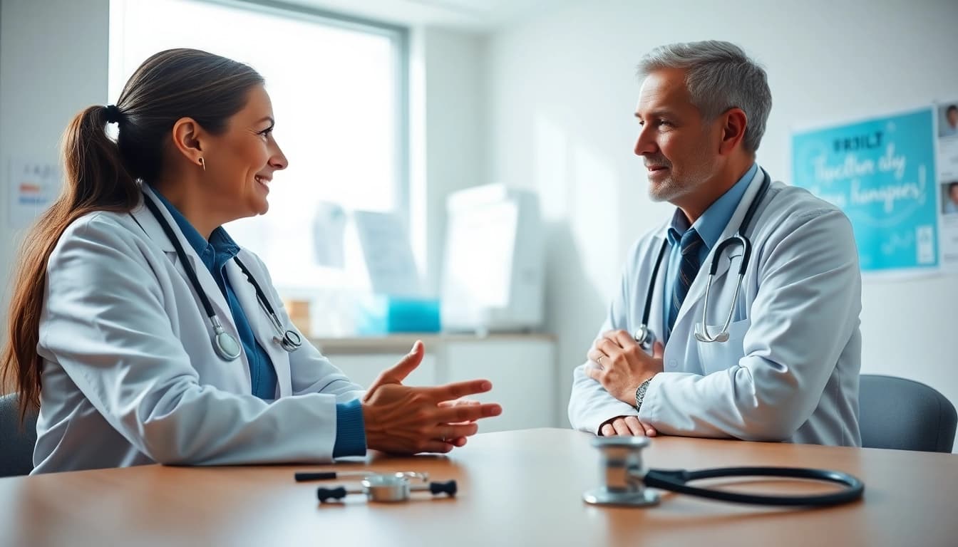 Engaging consultation about YourGP with a healthcare professional in an inviting setting.