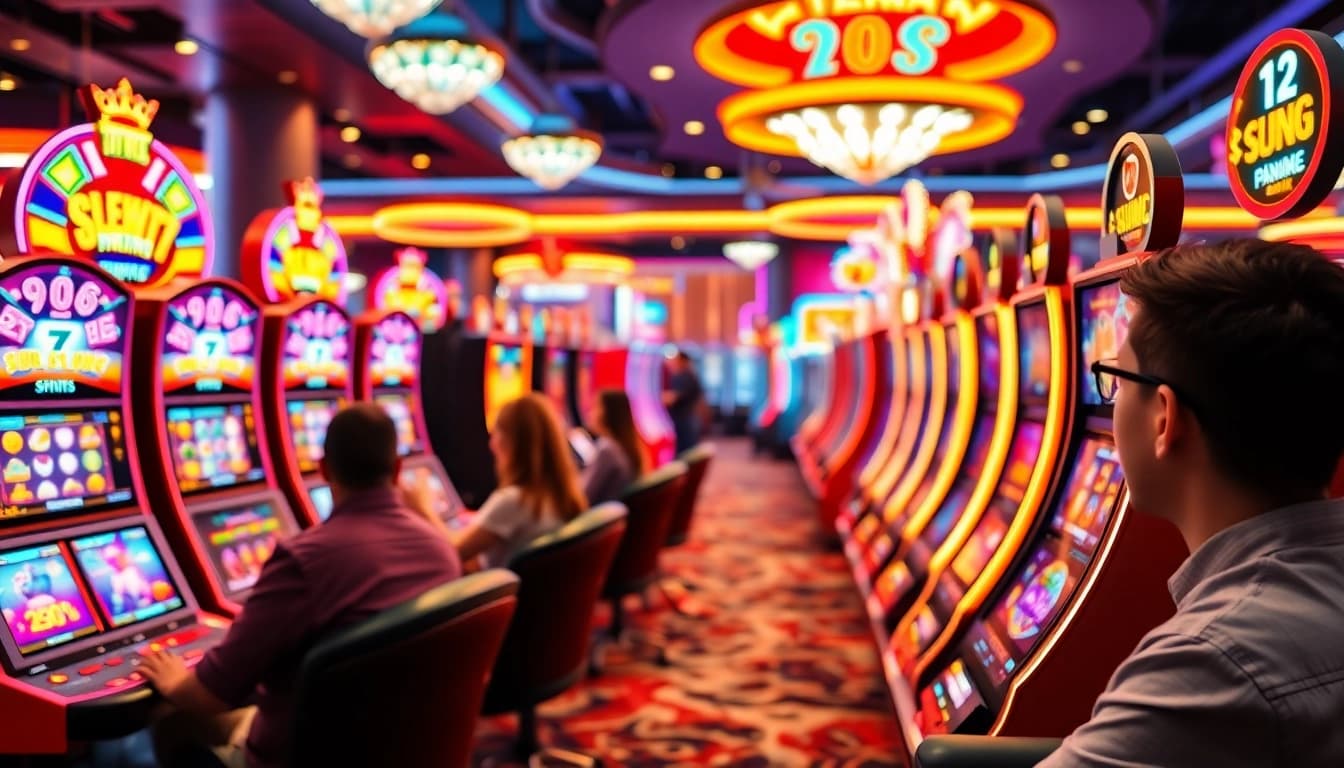 Menampilkan pengalaman bermain Istana777 dengan pemain yang terlibat dalam slot online yang berwarna-warni.