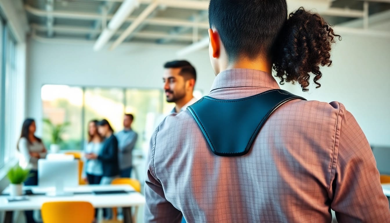 Individual adjusting a posture brace for improved comfort and support in professional settings.