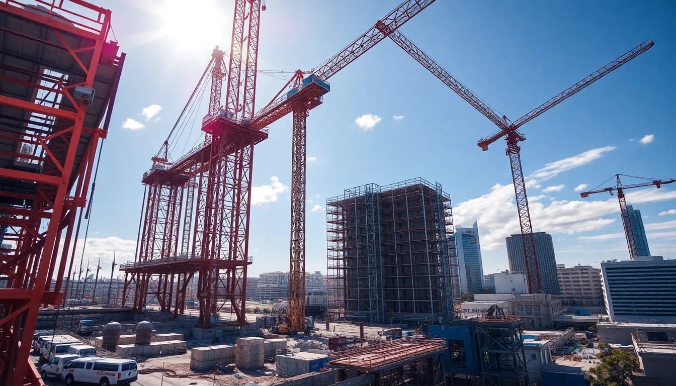 Austin construction site showcasing active cranes and workers under bright sunlight.