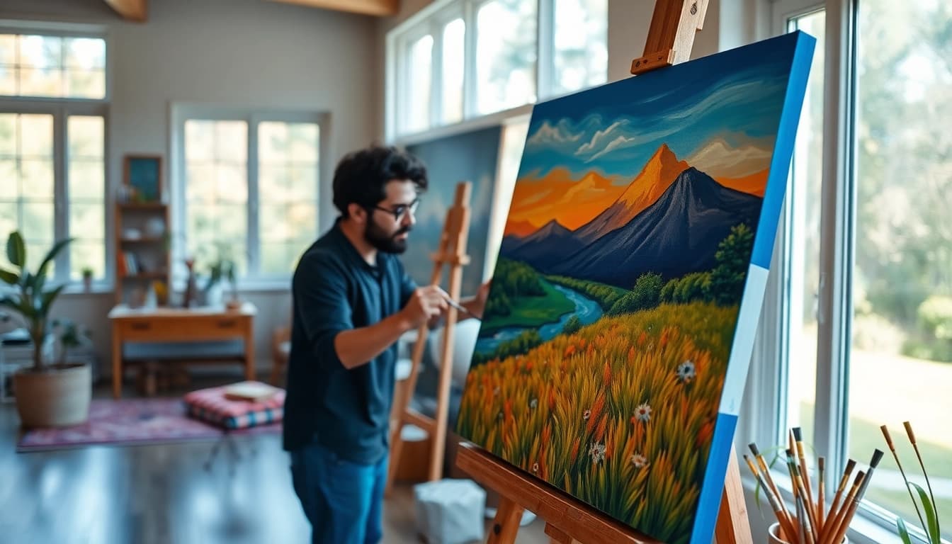 Artist passionately painting a vibrant landscape in a well-lit studio.