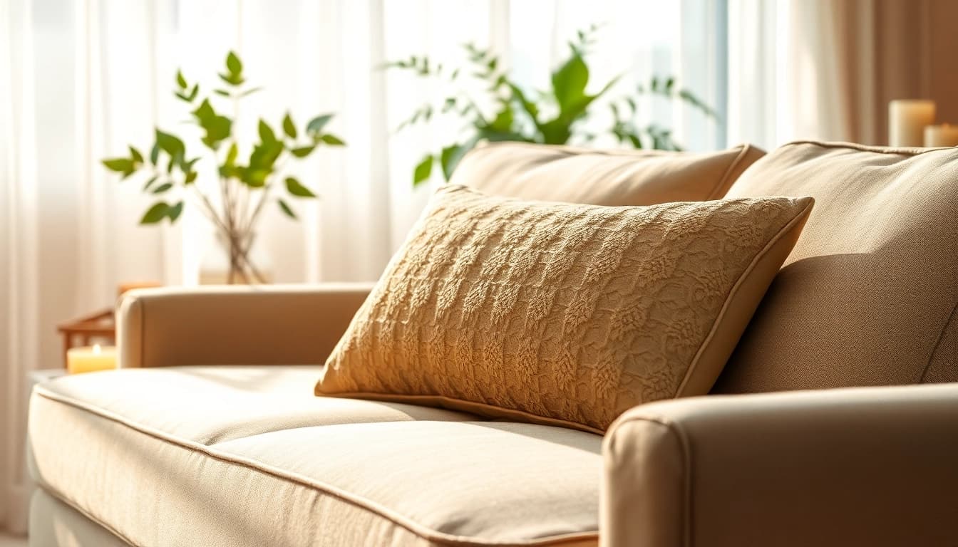 Akupressurkissen auf einem Sofa mit beruhigenden Elementen, die Entspannung fördern.