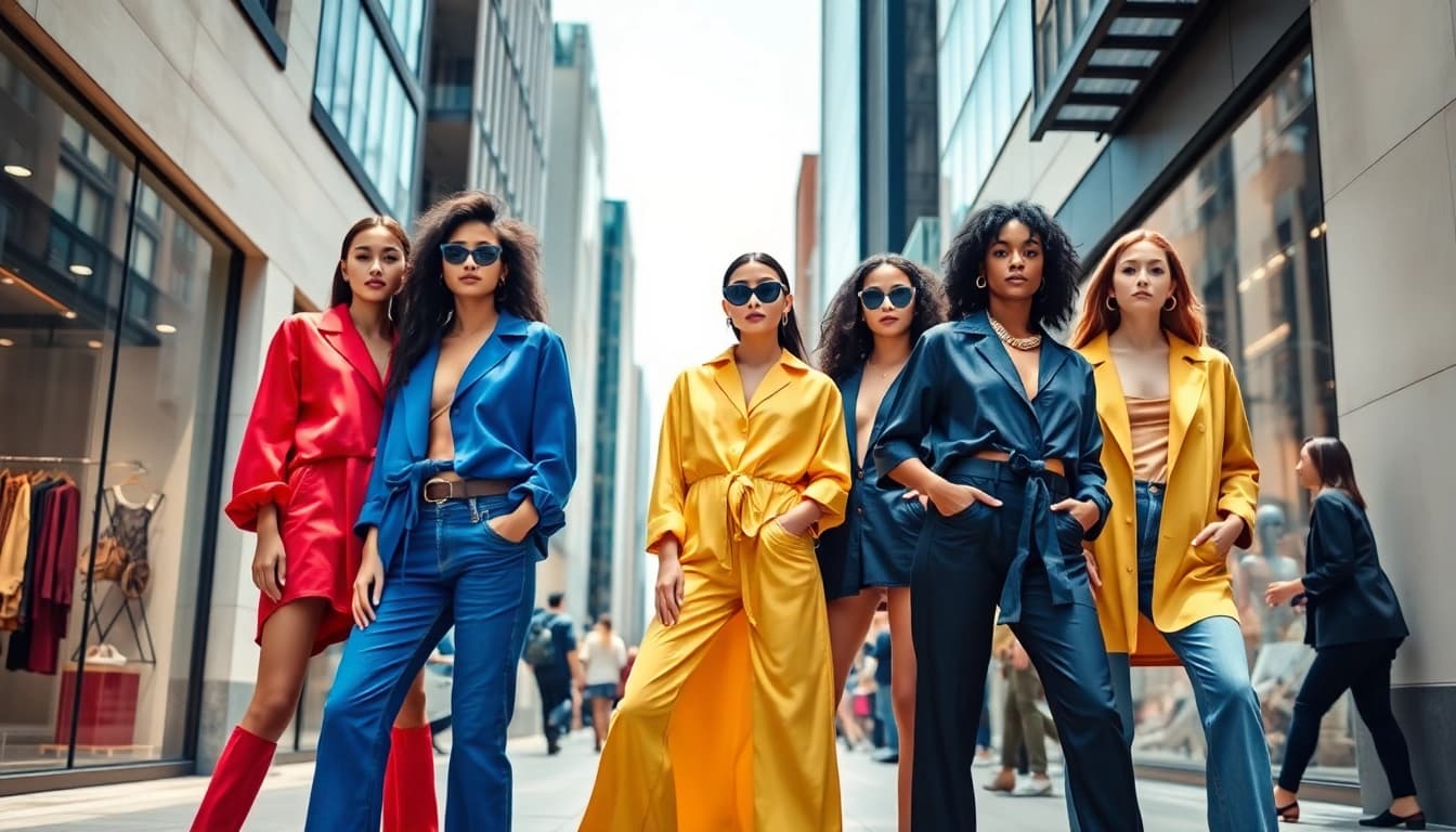 Fashion models flaunting vibrant styles on an urban street, embodying contemporary fashion trends.