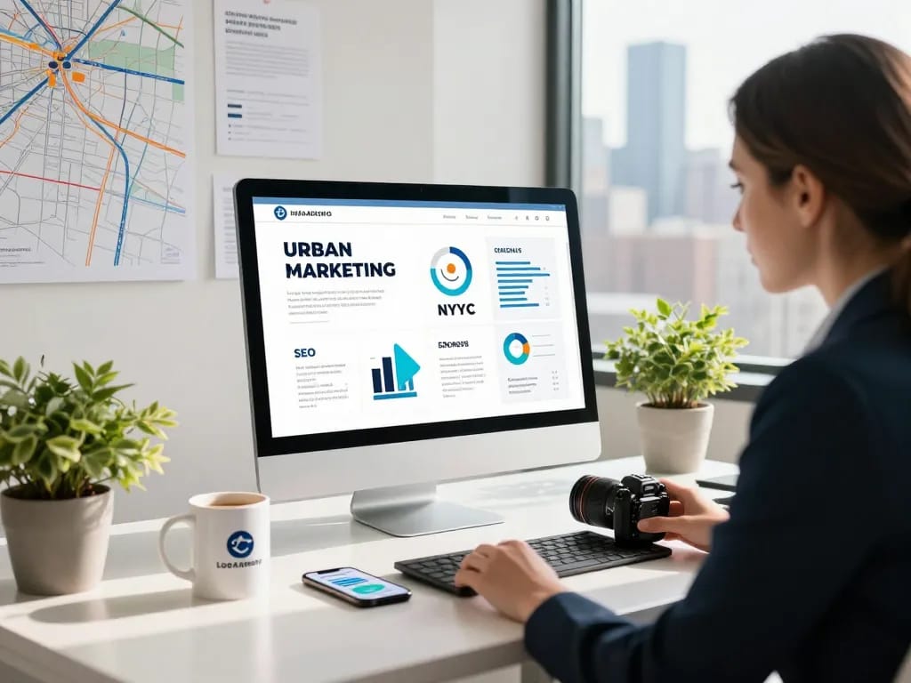 Local SEO NYC expert analyzing strategies in modern office with city skyline.