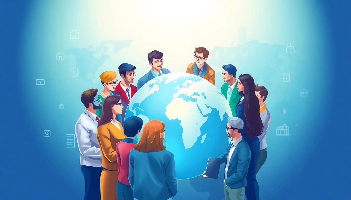 Illustration demonstrating the concept of a top global business directory with diverse professionals and a digital globe.