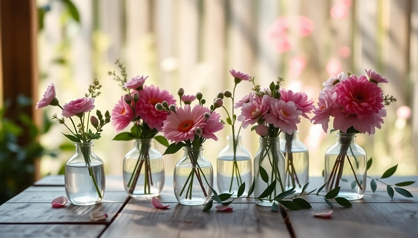 Showcase of beautiful bud vases with floral arrangements on a rustic table.