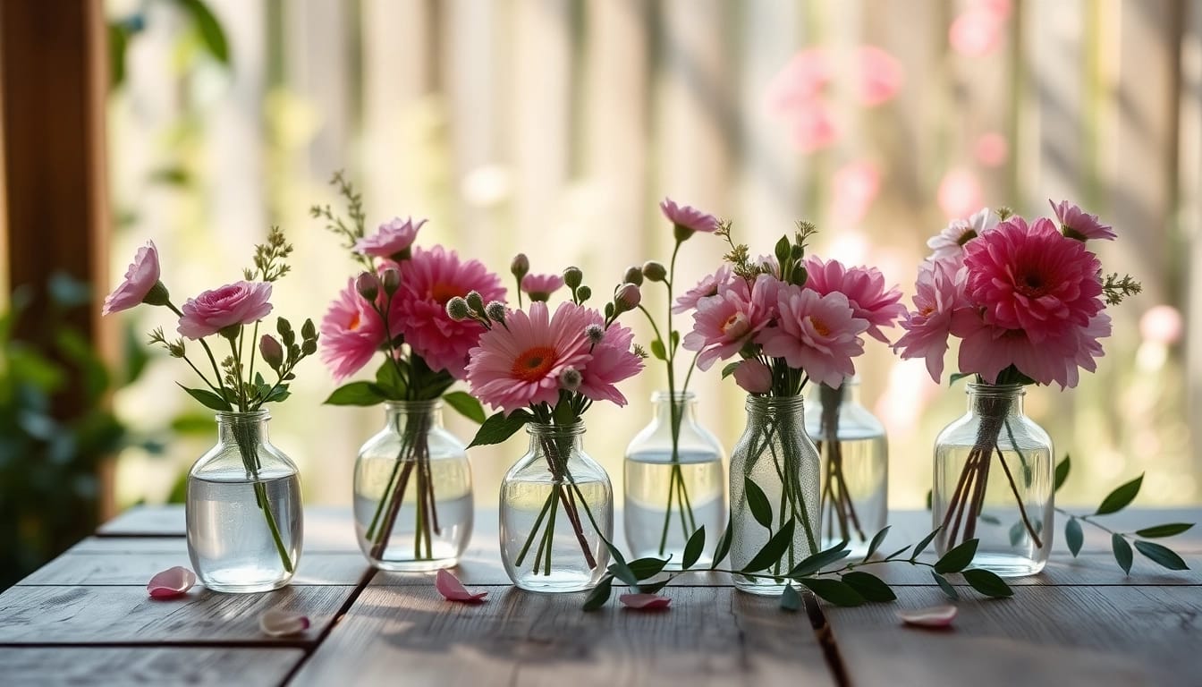 Showcase of beautiful bud vases with floral arrangements on a rustic table.