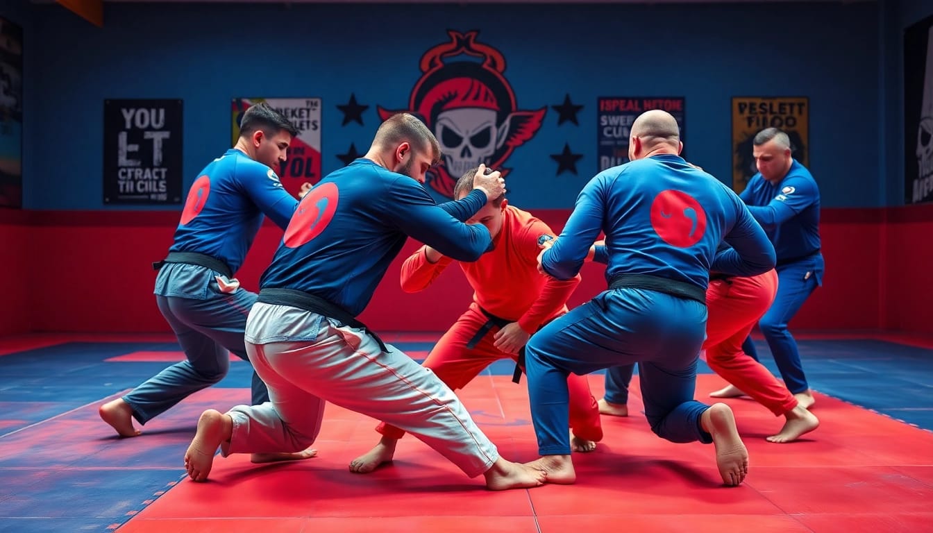 Showcase of BJJ Rash Guard Sets in action during a grappling session that highlights performance and durability.