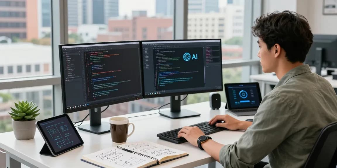Dynamic workspace with developer coding on AI projects, showcasing crush ai technology integration in a vibrant tech environment.