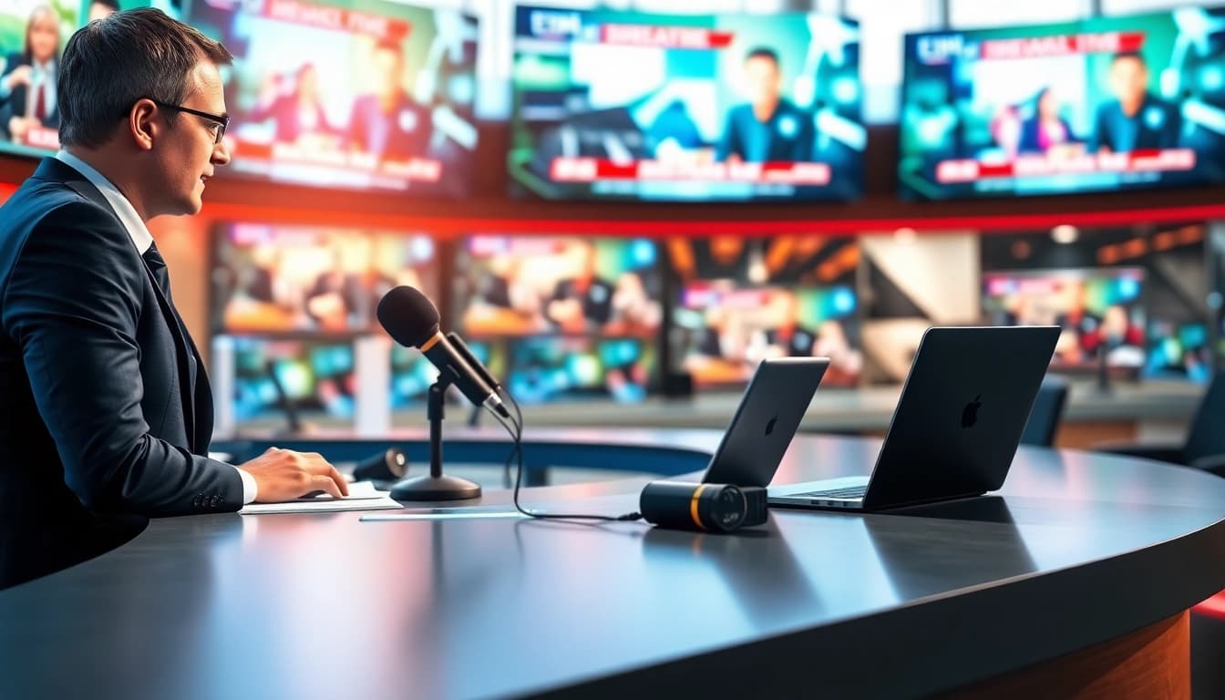 Journalist delivering news in a modern newsroom with live updates displayed.