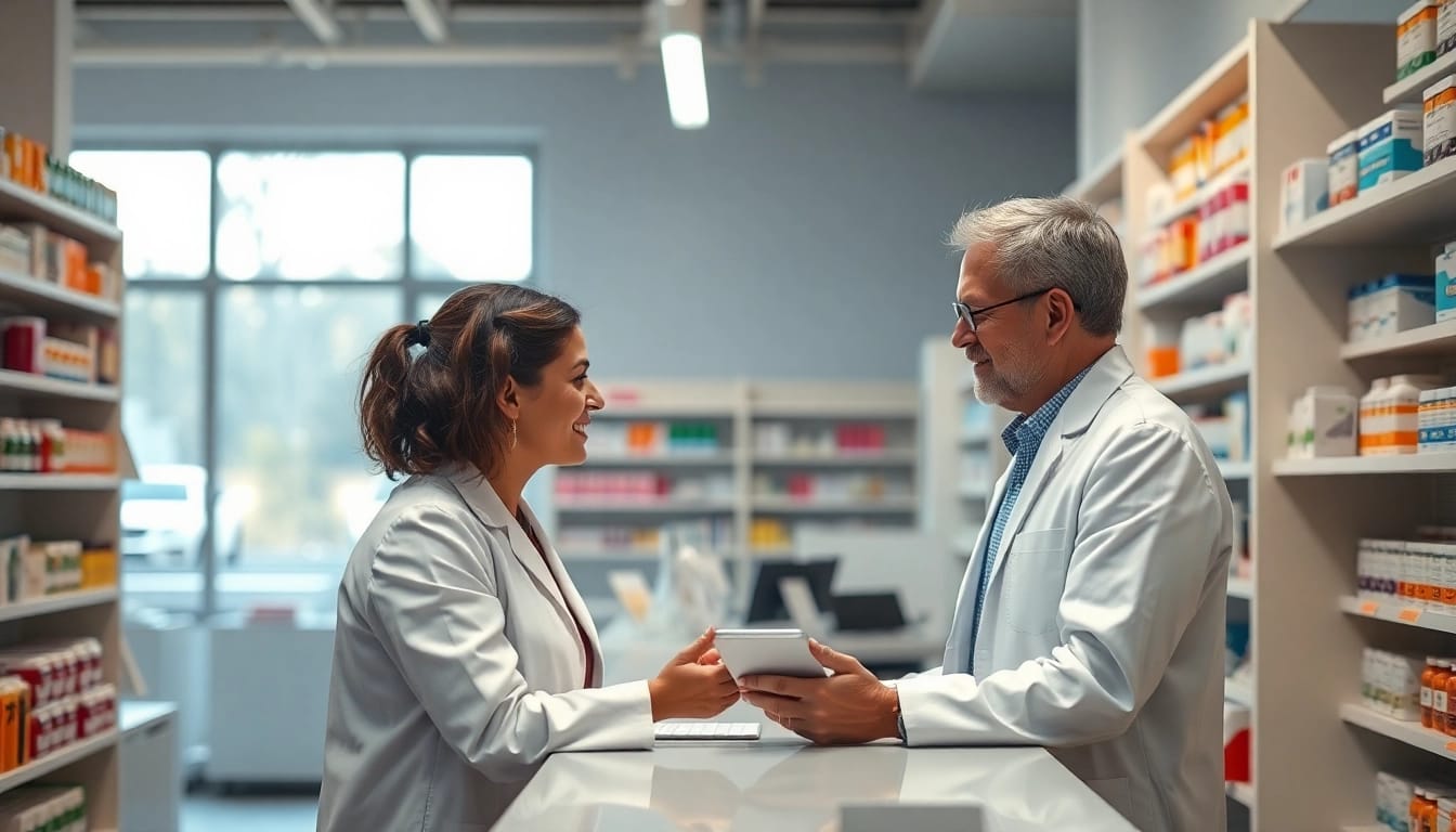 Assistants at an online pharmacy help customers with medication information.
