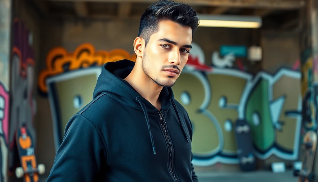 A model showcases a black zip up hoodie against street art, highlighting its stylish design.
