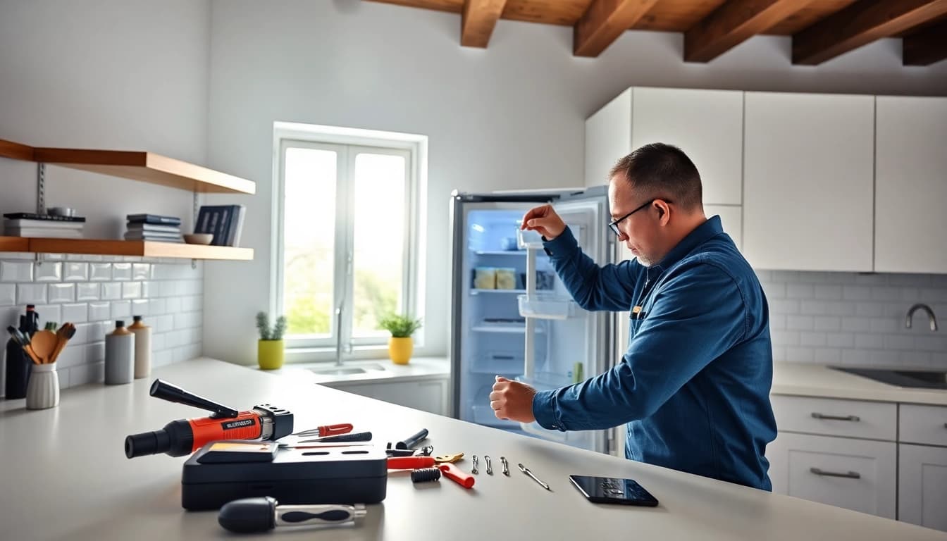 Appliance repair near me technician efficiently fixing a refrigerator in a bright kitchen.
