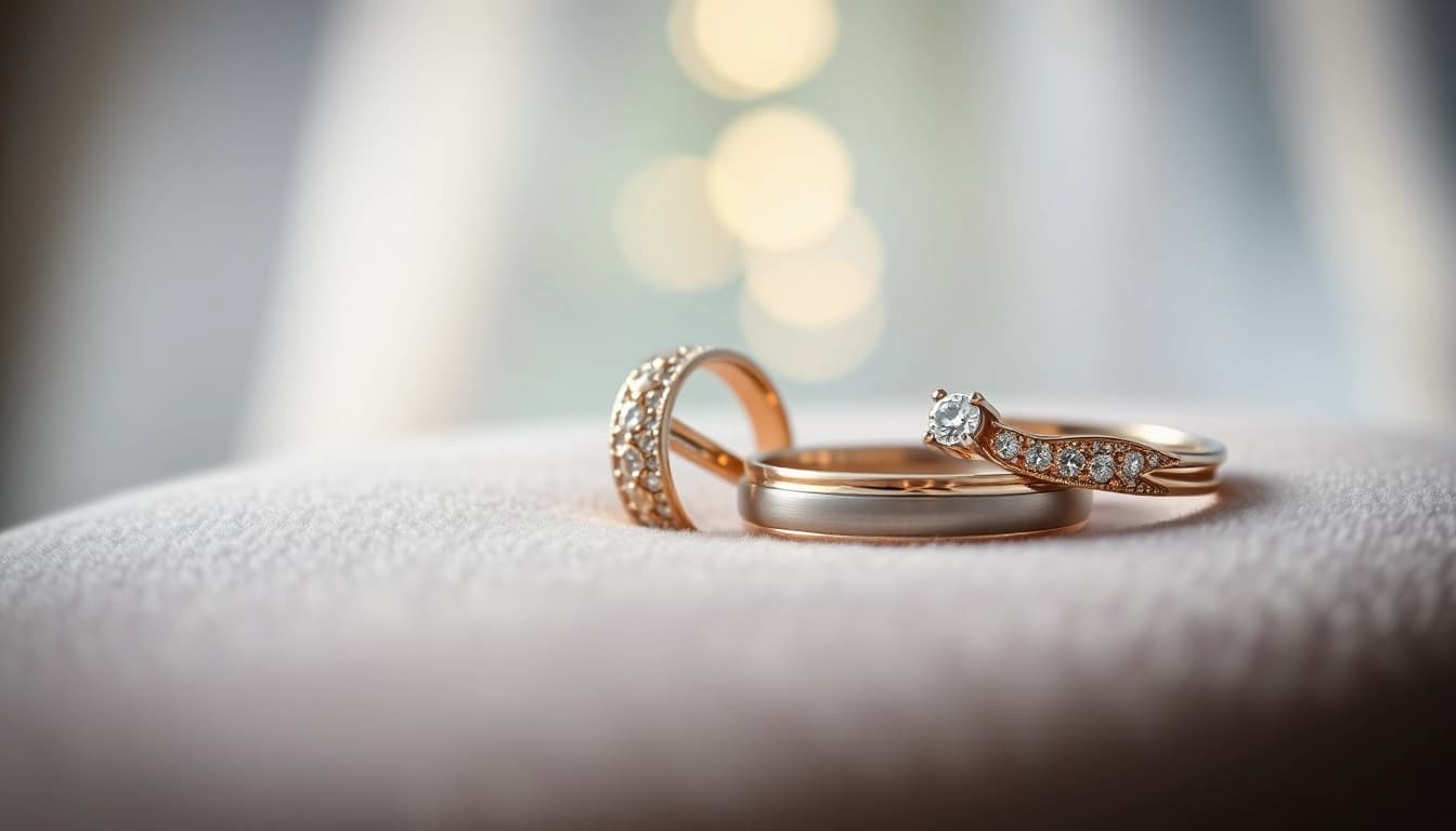 Discover exquisite wedding bands featuring intricate designs and sparkling gemstones.