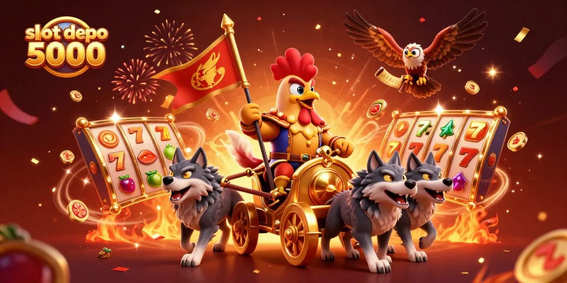 Engage with slot depo 5000 in this vibrant casino illustration featuring a rooster warlord and thrilling slot reels.