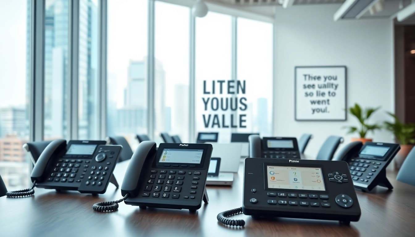 Showcasing top business phone providers in a modern office environment with sleek technology.
