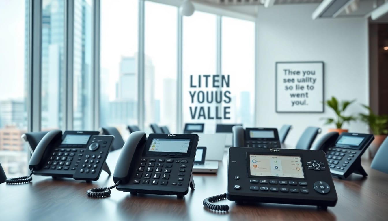 Showcasing top business phone providers in a modern office environment with sleek technology.