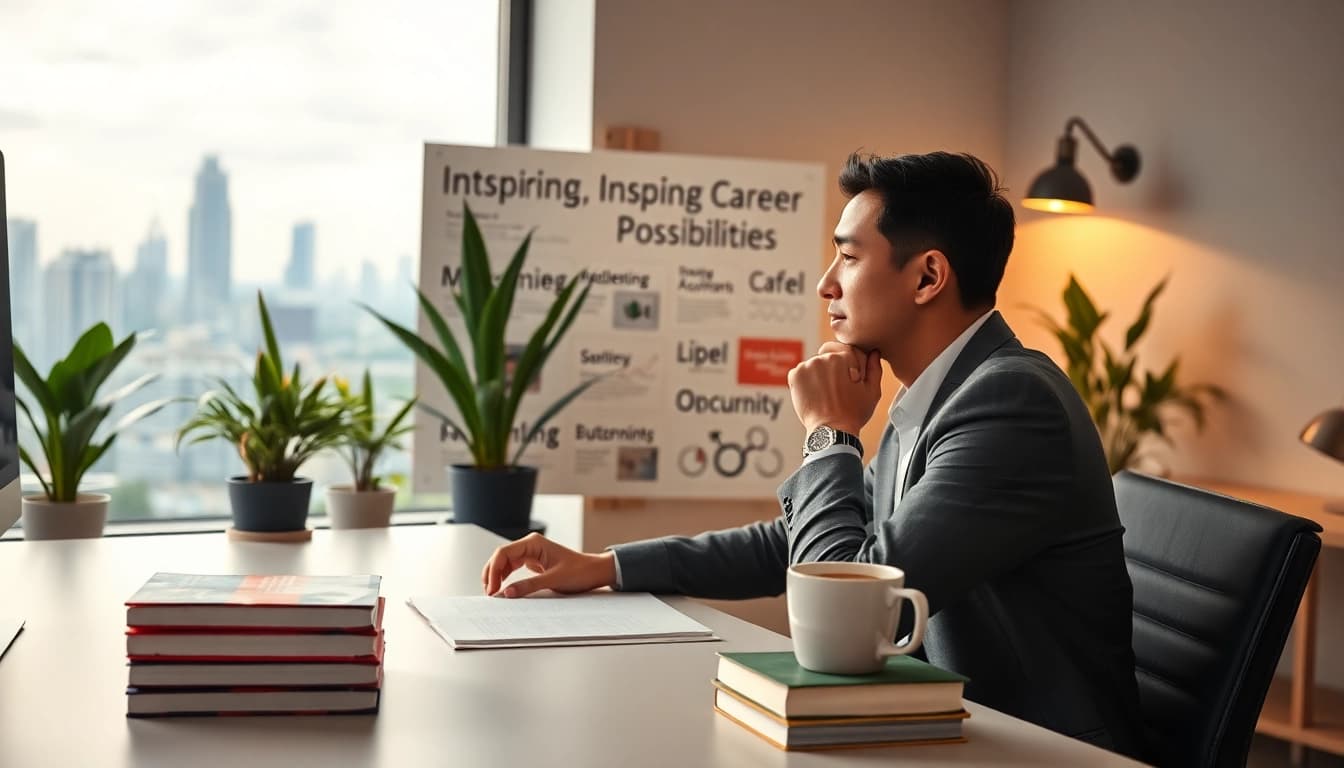 Find my true calling through a reflective professional contemplating career choices in an inspiring workspace.