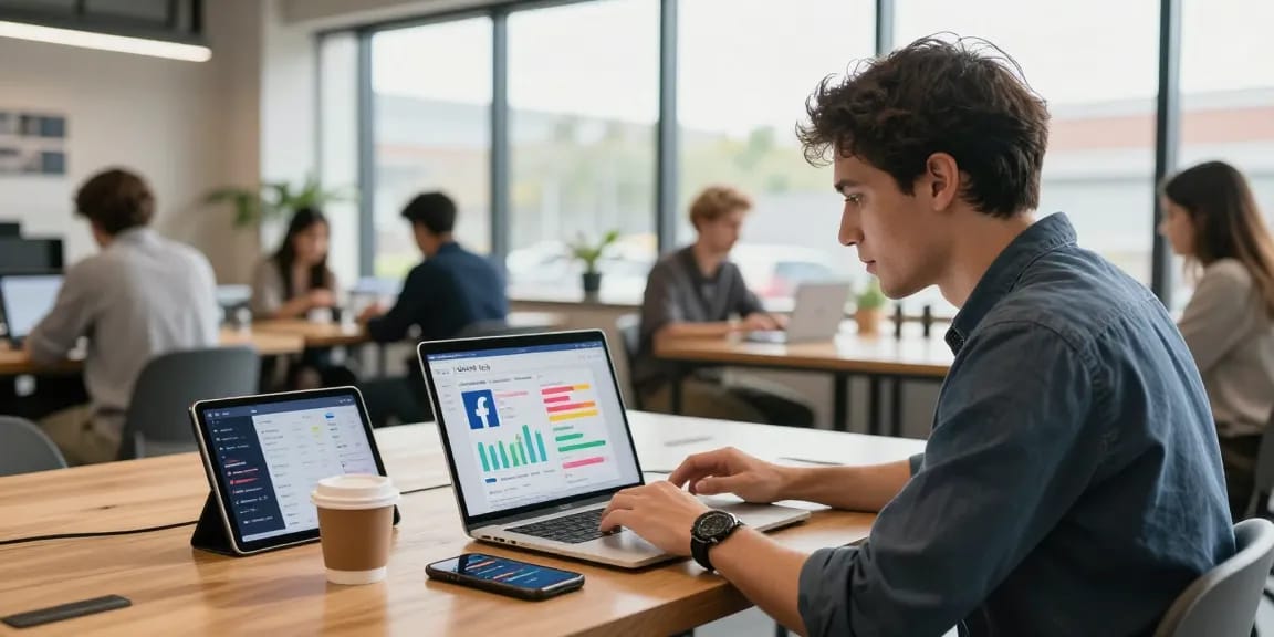 Entrepreneur boosting genuine Facebook page likes in a vibrant co-working space with engaging metrics.