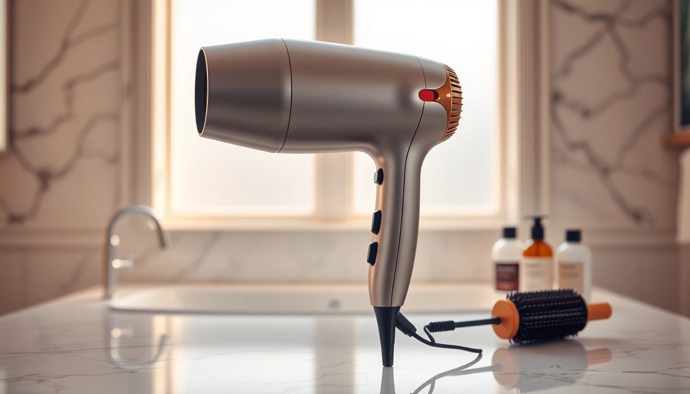 Transform frizzy hair with a sleek hair dryer on a bathroom counter, showcasing stylish design and ergonomic features.