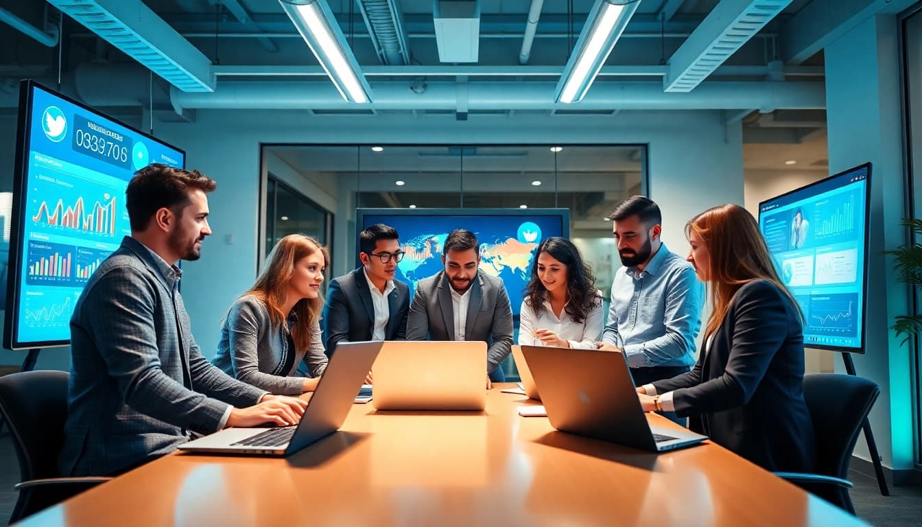 Dynamic social media agency team collaborating on innovative strategies in a modern workspace.